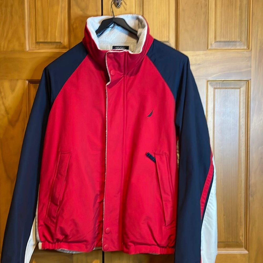 Nautica Mens Coat L Red White Blue USA winter hood Winter